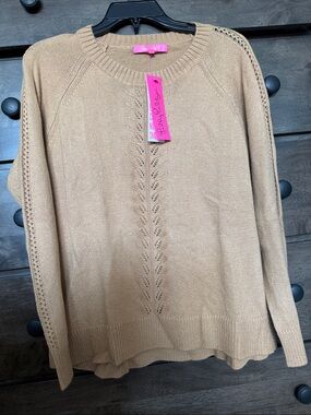 Lilly Pulitzer Camel Crewneck Sweater with Center Lace Knit